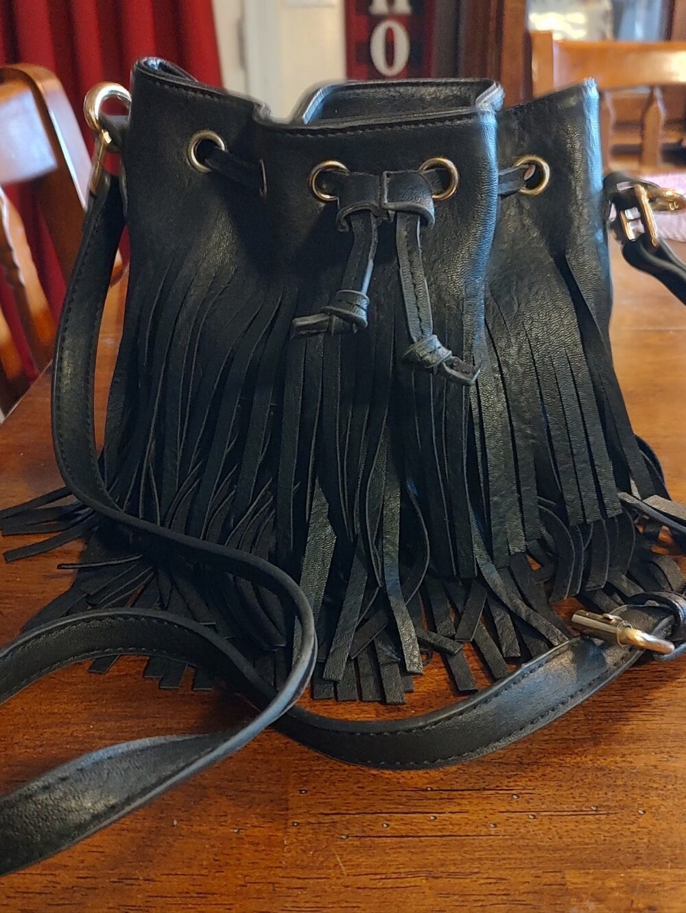 Black Fringe Bucket Crossbody Bag - Unbranded